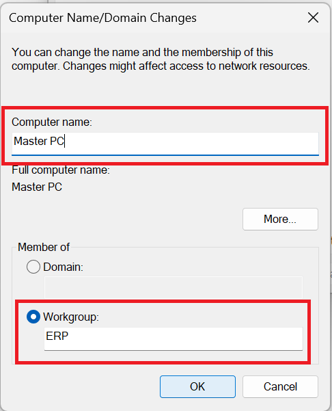 For EEG recording PC change set its name for MasterPC and workgroup for ERP