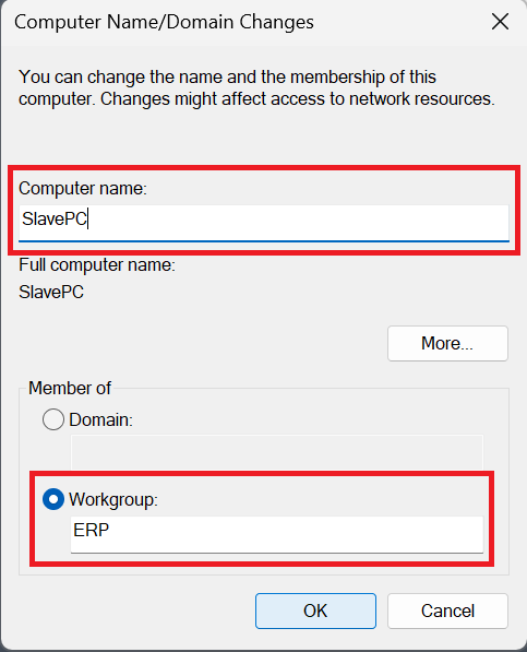 For stimuli presentation PC change set its name for SlavePC and workgroup for ERP