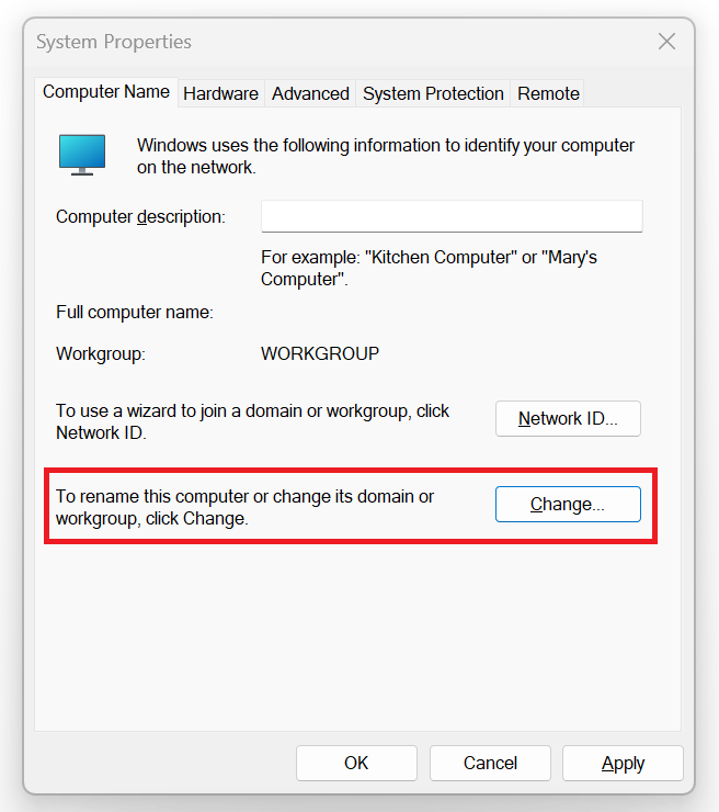 In the pop-up dialog windows click button Change