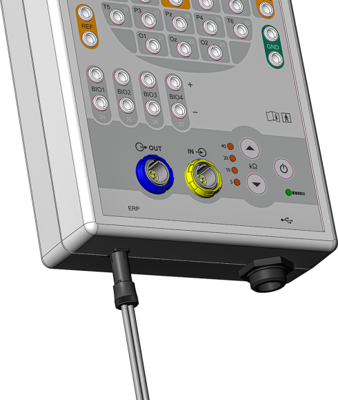 Connection of the common sensors connector to corresponding socket on amplifier Mitsar-EEG-BT